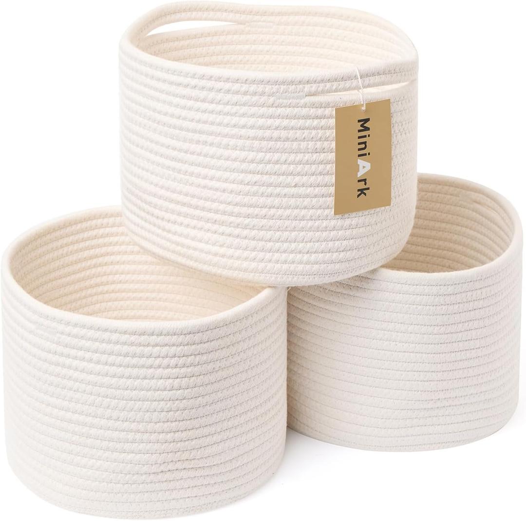 MiniArk Small Basket for Organizing | Cube Shelf Closet Storage Baskets | 9.79.77.1 | Woven Rope Gift Basket | Nursery | Round 3 Packs Off White
