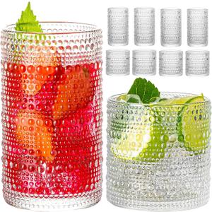Hobnail Drinking Glasses, 8 pcs Embossed Designed Glass Cups-4 Highball Glasses 12oz & 4 Rocks Glasses 12oz, Mojito Cups, Mixed Drink Cocktail Glass, Bar Glassware for Cocktail, Whiskey