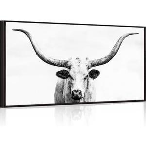 KREATIVE ARTS 24x48 Large Longhorn Cow Canvas Wall Art, Black and White Western Texas Cattle Portrait with Black Floater Frame, Photo Print Painting for Man Cave, Home Office, Living Room Decor