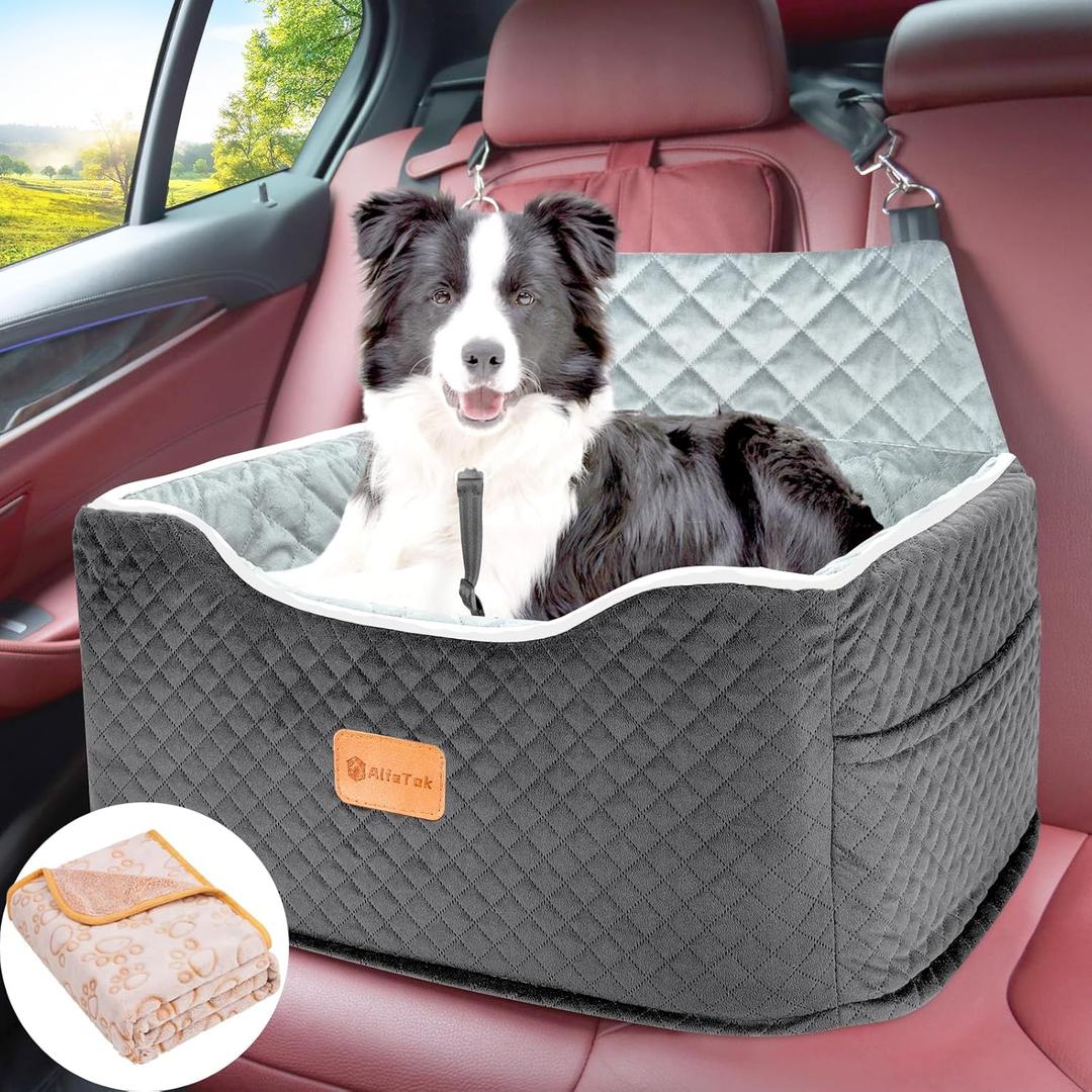 Memory Foam Booster Dog Car Seat for Medium Dogs (Under 45LBS): Elevated, Detachable Washable, Anti-Slip, for Car Back Seat, Travel Pet Bed with Seat Belt (Black)