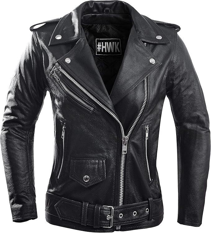HWK Brando Leather Motorcycle Jacket for Women, Genuine Leather Jacket for Weather & Water Resistant Motorbike Riding, Size L