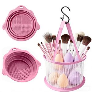 Makeup Brush Cleaner Mat & Drying Basket, Makeup Brush Cleaner and Dryer, Make Up Brush Cleaner Pad & Solution 3 In 1, Brush Cleaner Make Up Tool (Pink)