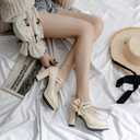 ForeMode Bow Mary Jane Shoes High Heels Closed Round Toe Pumps Leather Summer Sweet Shoe（Sand, 7.5）