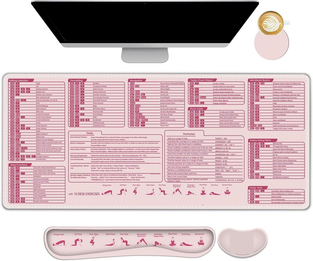 ARTSO Excel Shortcut Keys Mouse Pad Set, Extended Large XL Cheat Sheet Gaming Mousepad with Wrist Rest Support, Non-Slip Stitched Edge Keyboard Mat, Pink