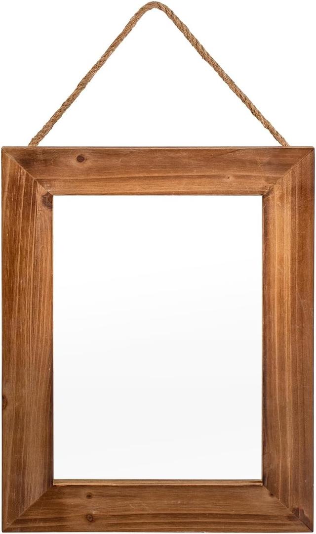 OKSQW Farmhouse Wall Mirror Brown Rectangle Rustic Wood Mirror 16 X 12 Inch Decorative Wood Frame with Mirror and Hanging Hemp Rope, Hanging Mirror for Bathroom Bedroom, Entryway, Dresser Wall Mirror