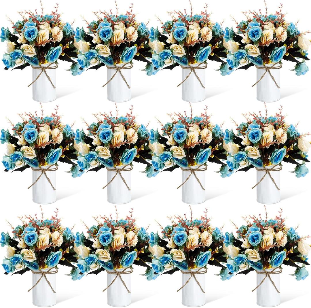 Domensi 12 Sets Wedding Centerpiece for Table Artificial Rose with Vase Fake Bouquets and Metal Pot Floral Arrangements for Mother's Day Holiday Party Event Table Decor (Teal)