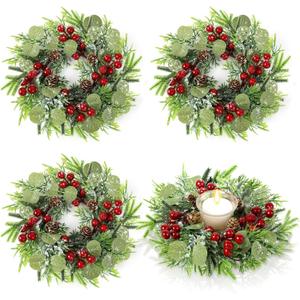 4 Pcs Mini Christmas Candle Rings Wreaths Artificial Christmas Kitchen Cabinet Holder Wreath 3 Inch Red Berry Norfolk Pine Winter Wreath for Pillar Xmas Front Door Window Chair Wall Decor Table Center