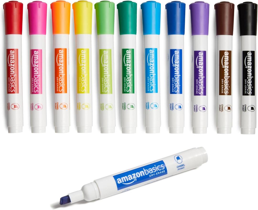 Amazon Basics Dry Erase Whiteboard Markers, Chisel Tip, Low-Odor, Assorted Colors, 12-Pack, Erase Easily