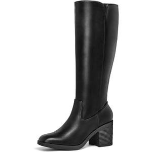 mysoft Women's Knee High Boots Square Toe Chunky Block Stacked Heel Tall Boots with Side Zipper 6, Black