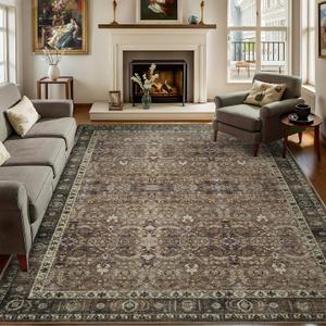 9x12 Vintage Washable Area Rug for Living Room,Low Pile Non Slip Carpet Non-Shedding Large Area Rug Soft Indoor Stain Resistant Rug Floral Print Mat for Bedroom Dining Room Brown Floral