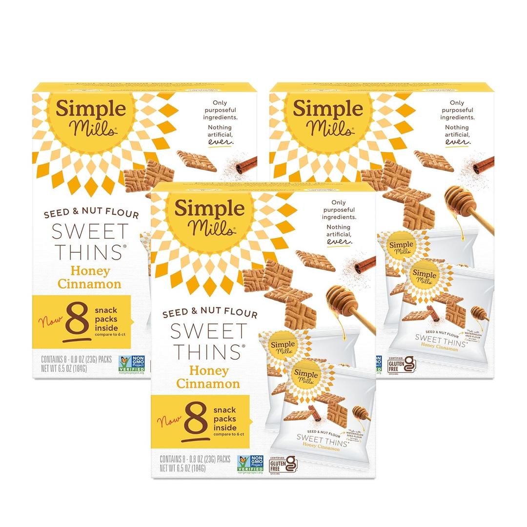 Simple Mills Snack Packs Honey Cinnamon Seed & Nut Flour Sweet Thins, Paleo Friendly & Delicious Sweet Thin Cookies, Good for Snacks, Nutrient Dense, 8 Pack (Pack of 3), Best Before: 05/22/2025