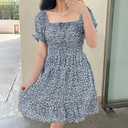 Heysolo Womens Boho Floral Smocked Square Neck Short Sleeve Ruffle Beach Summer Mini Dress (Blue)