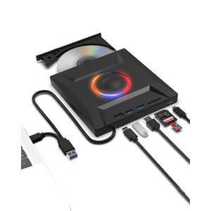External CD DVD Drive,7 in 1 USB 3.0 and Type-C Disc Reader Writer Burner Player,Slim and Portable CD DVD +/-RW Optical Drive for PC Laptop Desktop MacBook Mac Windows Linux OS Apple (7 in 1)