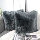 OYIMUA Fluffy Decorative Throw Pillow Covers 24x24, Faux Fur Farmhouse Luxury Pillow Cases,Soft Plush Fuzzy Dark Gray Cushion Covers for Sofa Couch Living Room Bedroom Set of 2