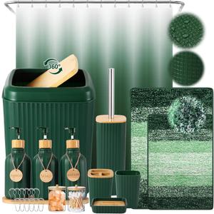 32PCS Dark Green Bathroom Accessories Set with Shower Curtain,Rugs,Trash Can,3PCS Lotion Soap Dispenser, Toothbrush Holder, Soap Dish,Tumbler Cup,6PCS Wood Tags Bath Accessories with Tray for Bathroom