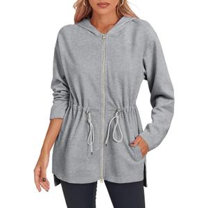 Fisoew Women's Zip Up Hoodie Sweatshirts Oversized Long Sleeve Casual Drawstring Waist Side Slit Tunic Tops (X-Large, Light Grey)