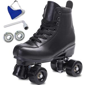Skates Women's Men's High Top Black PU Leather Classic Double Row Adjustable Outdoor Indoor Quad Skates and Roller Derby
