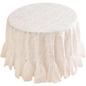 patdrea Vintage Ruffle Tablecloth for Round Tables, Farmhouse Embroidered Cotton White Lace Table Cloth Cover Decor for Dining Room Wedding Banquet Thanksgiving Christmas, Diameter 51"