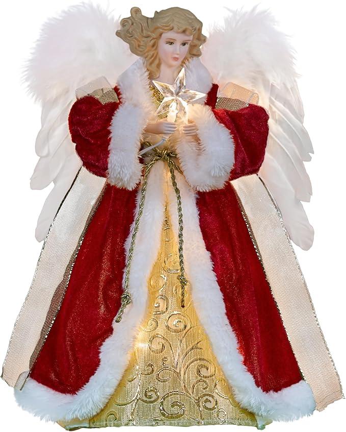Cyraft Angel Tree Topper with Moving Wings, 12Inch Red Cloth Lighted Christmas Tree Topper Holding a Star, Both Plug in and Battery Operated, Long Cord, Moving Treetopper
