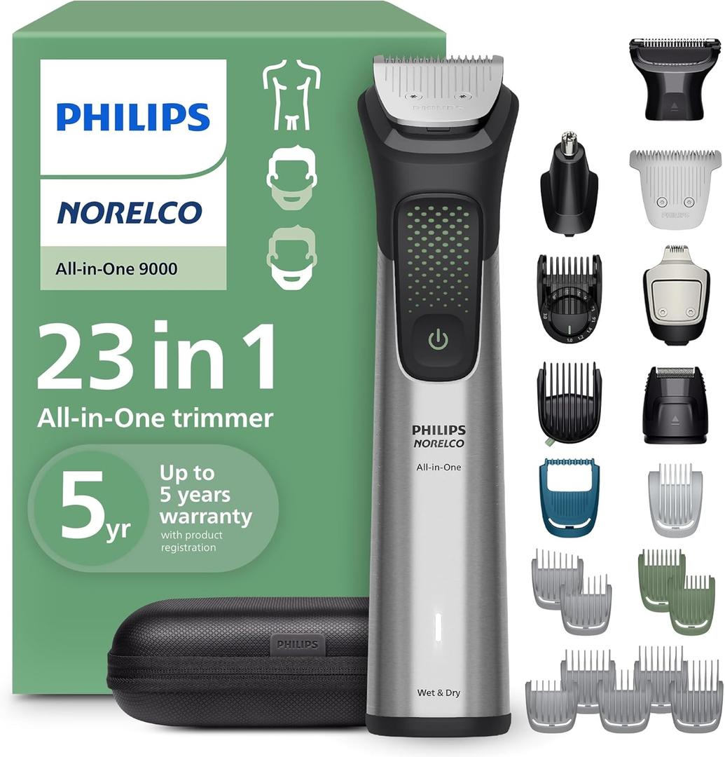 Norelco Philips All-in-One 9000 Series 23-Piece Trimmer - Electric Shaver and Clipper for Face, Beard, Head & Body, Self-Sharpening Full Metal Blades, 29 Length Settings (0.5-16 mm), MG9575/49 (Steel)