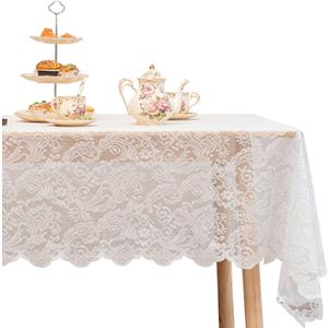 Jayla White Lace Tablecloth 54 X 108 Inches Rectangle Phoenix Tail Flower Embroidered Wedding Table Cloths for Outdoor Party Reception, Dinner Party, Baby Shower, Tea Decorations, Home Decor