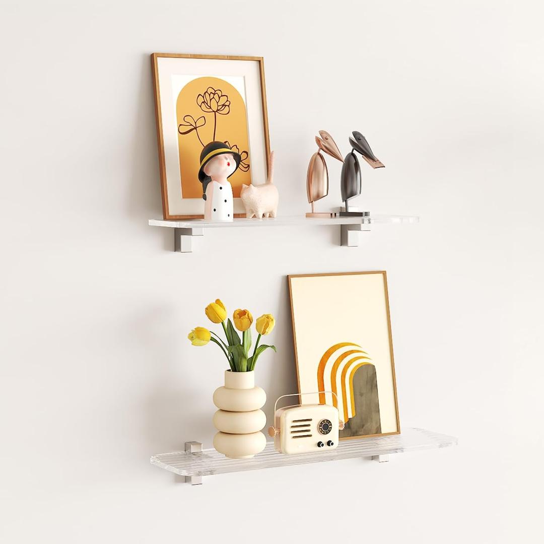 Clear Acrylic Shelf, Set of 2 Invisible Wall Shelves Wall Mounted Display Shelf, Floating Shelves for Bathroom, Bedroom, Living Room, Kitchen, Office (Wave 13.8 Inch Set of 2)
