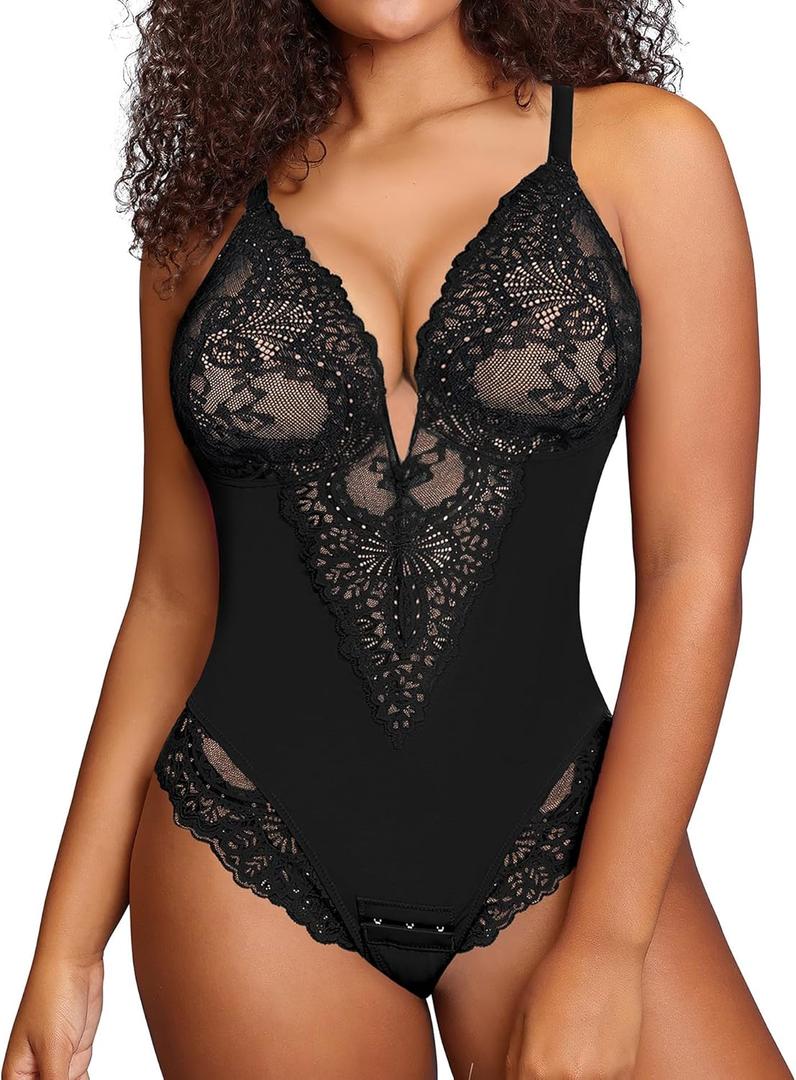Popilush Shapewear Bodysuit Lace Corset Tops for Large Bust Tummy Control Low Back V Neck Thong Bodysuits for Women (3XL (16-18), Black)