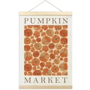 TLESKE Fall Pumpkin Market Poster Hanger Frame, Autumn Pumpkin Flowers Hanging Wall Art Room Decor for Bedroom Living Room, Aesthetic Floral Pumpkin Wall Banner Prints Pictures Artwork, 12x16