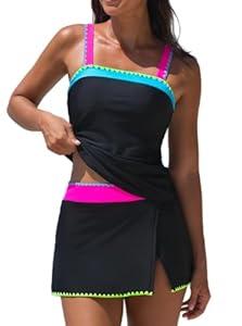 Popvil Neon Swimwear Women's Tankini Swimsuits with Skirt Two Piece Bathing Suit Tummy Control (Medium, Blue)