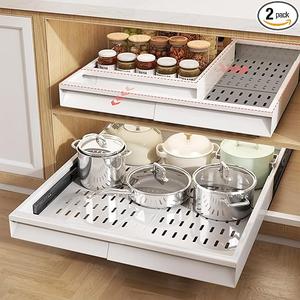 2 Pack Pull Out Cabinet Organizer With Raising Pad for Framed Cabinets,Expandable Width (13"-21") and Depth (17"-24"),3 Slide Rails Slide Out Drawers with Handle,No-Drill Roll Out Shelf,White