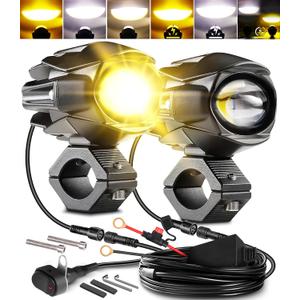 Motorcycle Auxiliary Lights Kit, LEDMIRCY Luces Exploradoras Para Moto with Switch Wiring Harness LED Fog Spot Light 6Modes White/Amber Strobe Offroad Driving Light with Memory Function IP68 Waterproof