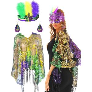QLINLEAF Mardi Gras Shawl Scarf Sequin Mardi Gras Outfit for Women with Headband and Earrings Canival Party Favor QLINLEAF Mardi Gras Shawl Scarf Sequin Mardi Gras Outfit for Women with Headband and Earrings Canival Party Favor