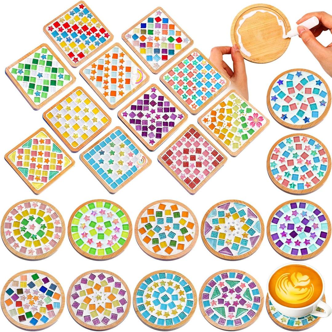 Reallnaive 22 Sets Valentines DIY Mosaic Tiles for Crafts Mixed Color Glass Mosaic Kits Xmas DIY Coasters Kit Make Your Own Stained Glass Coaster for Handmade Holiday Decoration Gift (Classic Style)