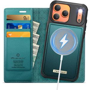 2-in-1 Detachable Wallet Case for iPhone 17 Pro, PU Leather Flip Wireless Charging Magnetic RFID Blocking Card Holder Stand Shockproof Phone Cover for iPhone 17 Pro Case 6.3", Bluegreen