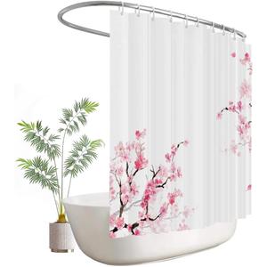 Extra Wide Shower Curtain Wrap Around Cherry Pink Floral 108''W x 72''L Flowers Plum Sakura Blossom Japanese Asian Style Polyester Fabric 18 Pack Plastic Hooks