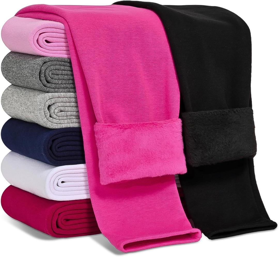 Girls Fleece Lined Leggings Cotton Kids Winter Warm Leggings Thick Thermal Tights Pants (4-5T, Black, Rose Red)