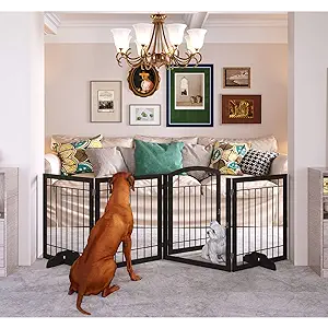 JSB 96-inch Extra Wide 30-inch Tall Dog gate with Door Walk Through, Freestanding Pet Gate for Halls, Stairs & Home, Pet Puppy Safety Dog Fence with 2PCS Support Feet (Black)