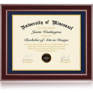 16x20 Diploma Frames 14x17 with Blue Mat, Fits Degree Certificate Document, 20 x 16 Cherry Red Frame with Tempered Glass Panel for Wall Mounting