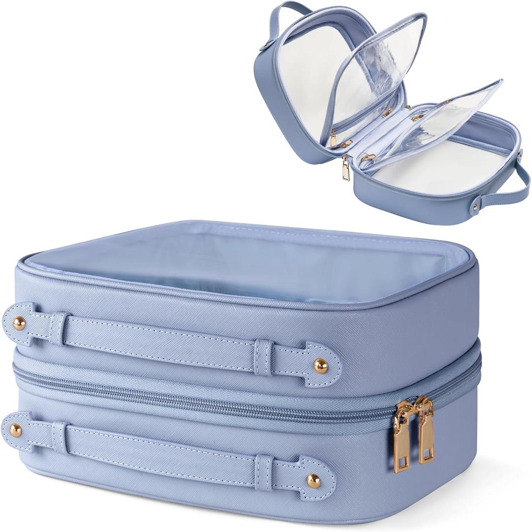 Clear Cosmetic Bag Double Layer Travel Toiletry Bag Clear Makeup Bag Case with 4 Compartments, Transparent Travel Bag for Toiletries, Large Toiletry Bag for Women Cosmetic Case (Blue, Large)