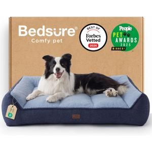 Bedsure SupportMax Orthopedic Dog Beds Large Sized Dog - Extra Thick Supportive Large Dogs Bed with Waterproof Washable Cover, L Plus Comfort Pet Sofa with Soft Sherpa and Nonskid Bottom, Blue, 38"