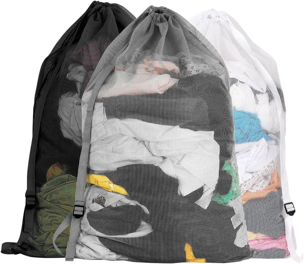 Mesh Laundry Bags with Adjustable Shoulder Strap, 24" x 36" Heavy Duty Nylon, Drawstring Closure, 3-Pack, Mixed Colors (Grey, White, Black-1)