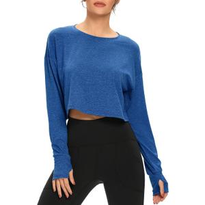 Long Sleeve Crop Top for Women Loose Workout Thumb Hole Tops (Blue, XL)