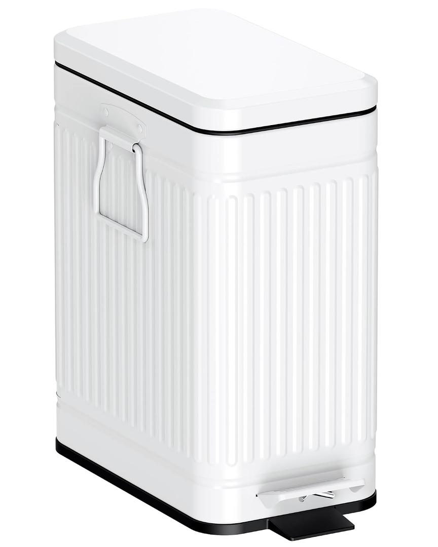 Small Bathroom Trash Can with Lid Soft Close, 6L / 1.6 Gallon Stainless Steel Small Garbage Can with Step Pedal, Slim Waste Basket for Bedroom, Toilet, Office - White