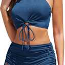 Women High Waisted Shorts Bikini Sets Tummy Control Swimsuit Two Piece Halter Drawstring Bathing Suit (Large, Dark Blue)