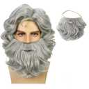 Wiggy Mermaid Old Man Wig Beard for Adult Men Long Gray Wizard Beard and Wig Set Santa Claus with Fake Beard+Cap for Halloween Carnival Christmas Party Costume (Silver Grey-13inch)