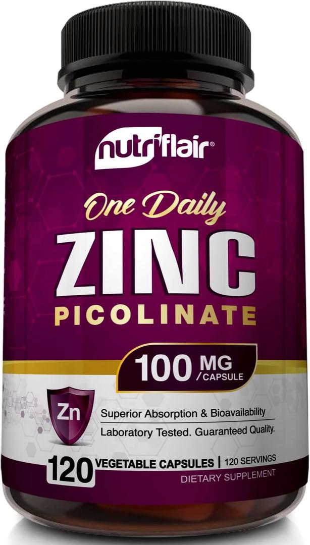 NutriFlair Zinc Picolinate 100mg, 120 Capsules - Vegan, Non-GMO, Made in USA, Third-Party Lab Tested BBD 07/2026