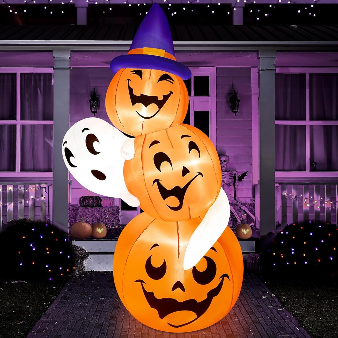 Joiedomi 6 FT Tall Halloween Inflatable Outdoor Decorations, Pumpkin Inflatable Halloween Decor Outdoor, Blow Ups Ghost and Pumpkins with Witch Hat for Cute Decorations Outdoor