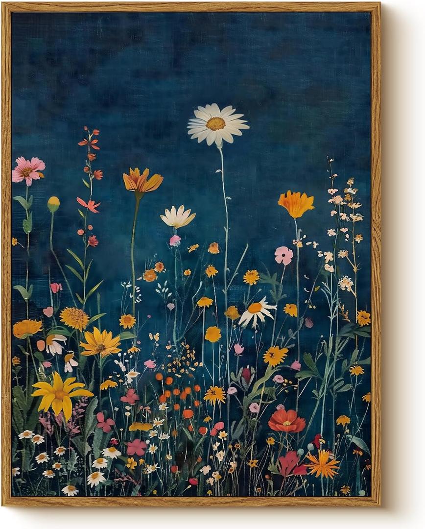WHASAYART Botanical Floral Canvas Print 16x24 Framed Wildflower Wall Art, Rustic Dark Blue Colorful Flower Artwork, Vibrant Vintage Painting Living Room Kitchen Bedroom Hallway Home Decor