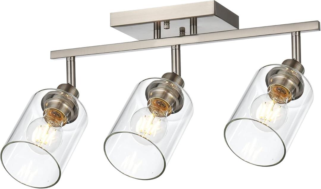 VINLUZ 3 Light Bathroom Vanity Light Fixture with Clear Glass Shade,Brushed Nickel Multi-Directional Rotating Metal Ceiling Spotlight Fixture with Adjustable Track Heads