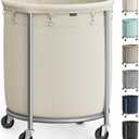 SONGMICS 50.2-Gallon (190 L) Laundry Basket with Wheels, Rolling Round Heavy-Duty Laundry Hamper Cart with Steel Frame and Removable Bag, 2 Locking Wheels, Cream White and Metallic Silver URLS01MZ
